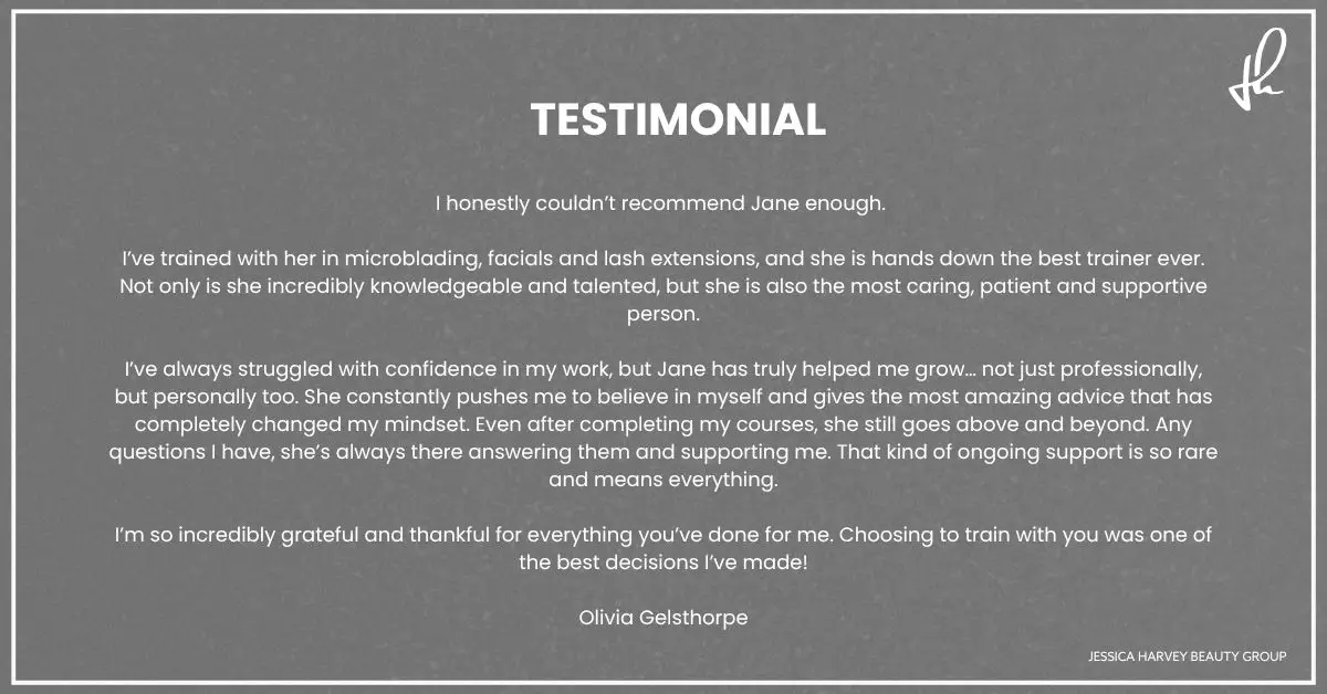 Jessica Harvey beauty academy client testimonial